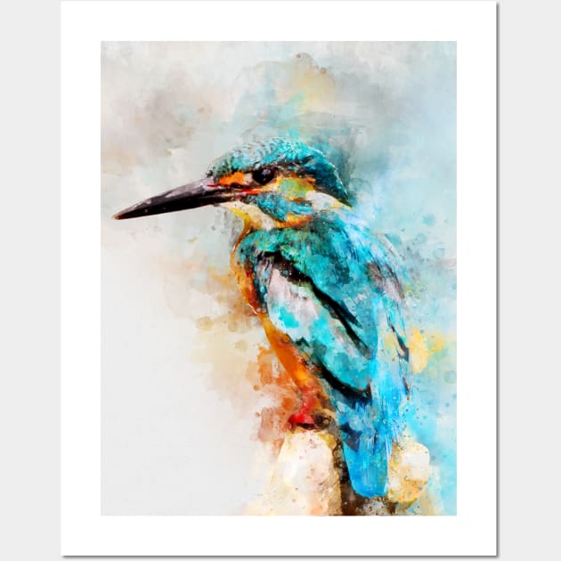 Dramabite Watercolor kingfisher bird artsy artistic painting wildlife Wall Art by dramabite